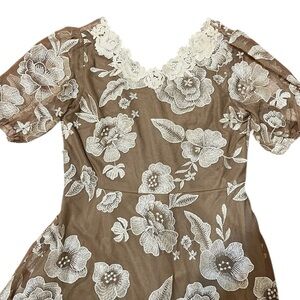 Mia Joy Floral Lace Midi Tan Cream Dress Girls Sz 12 NWT